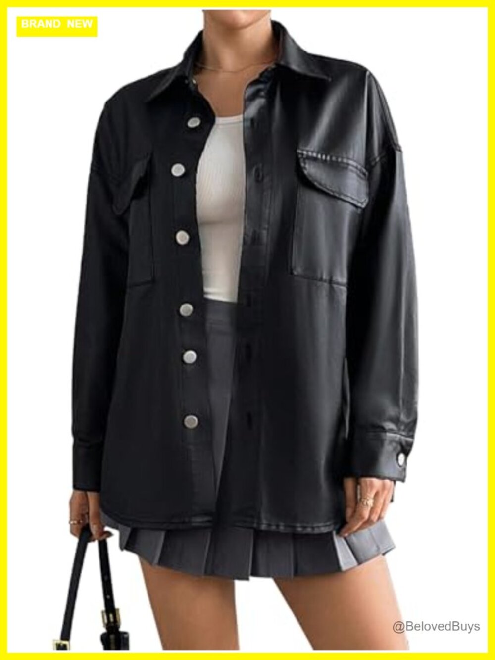 Women Faux Leather Motorcycle Jacket Loose Fit with Pockets